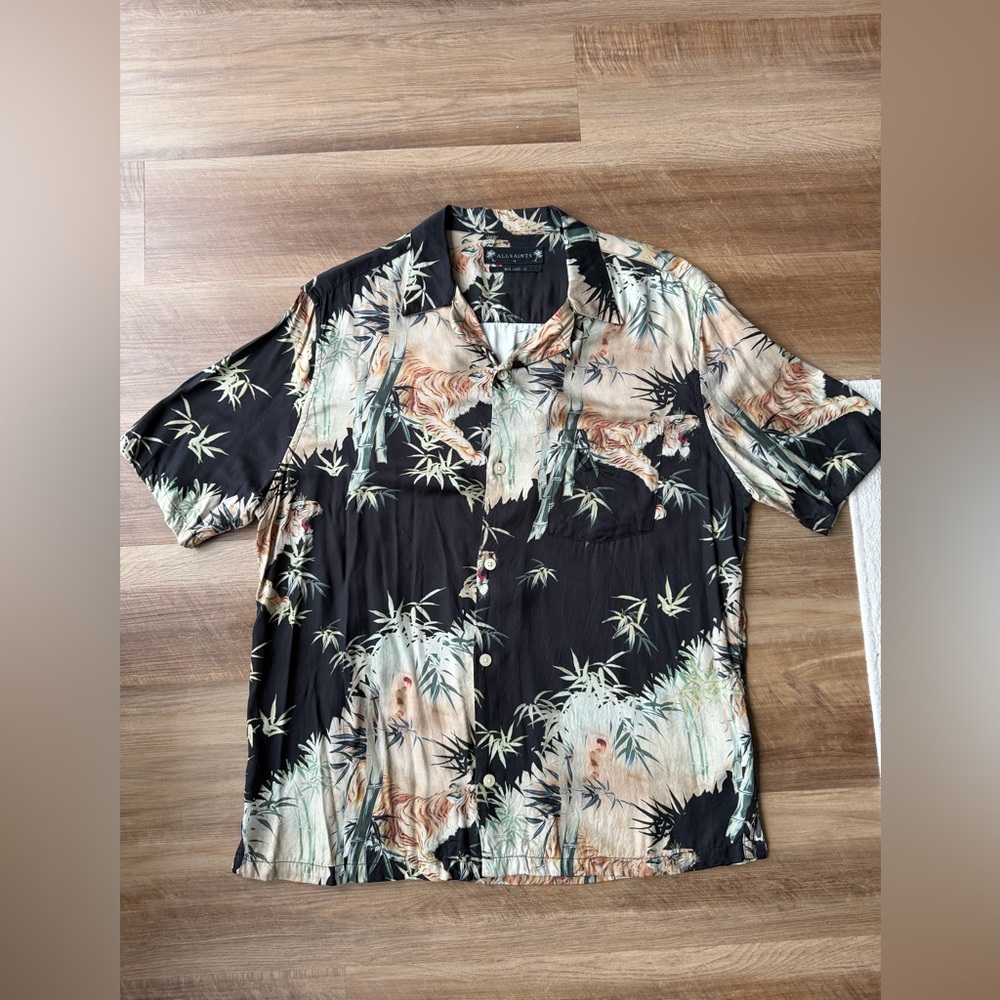 AllSaints Black Botanical Print Short-Sleeve Button-Down Shirt